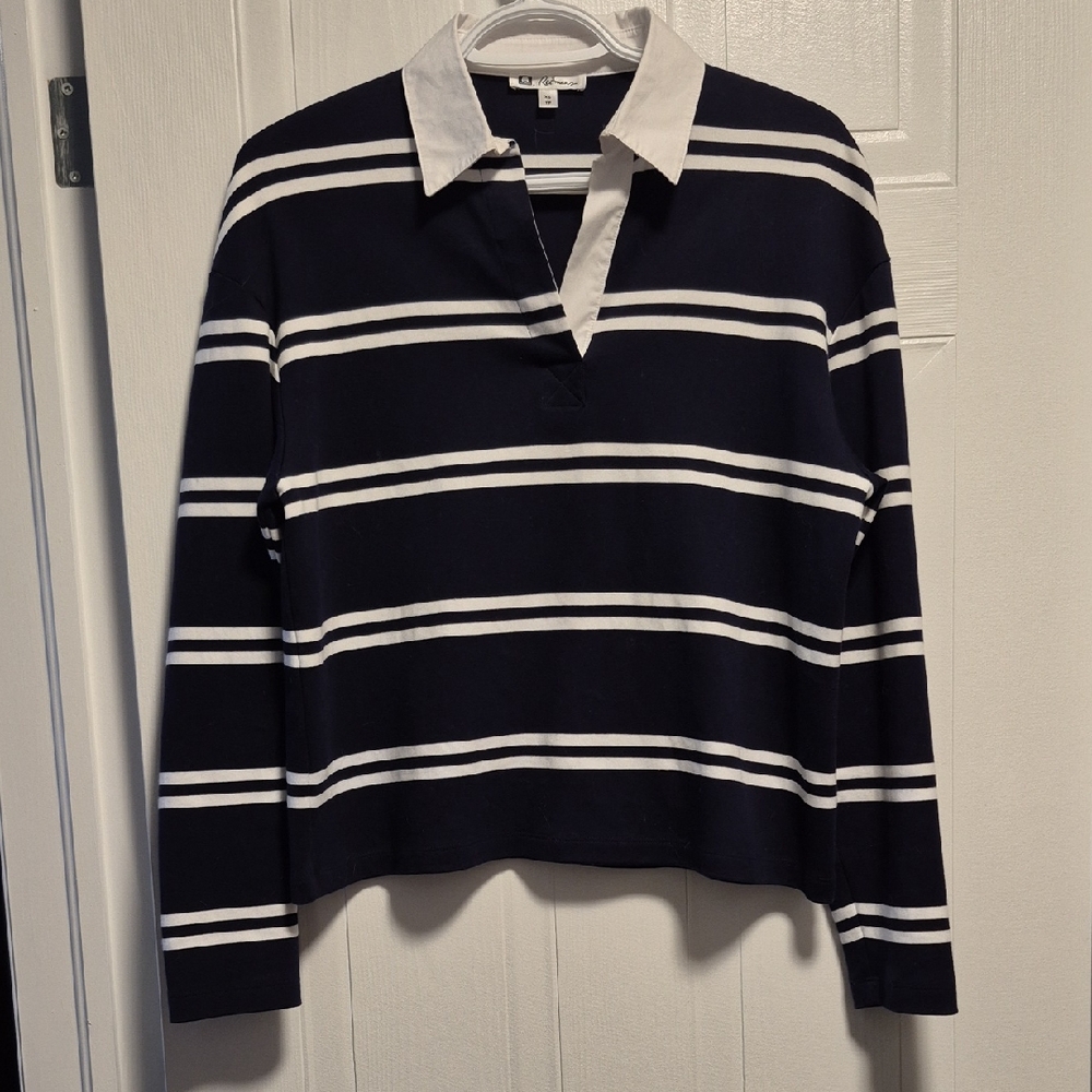 Reitmans, 100% Cotton, Collared V Neck, Long Sleeve, Navy and White XS